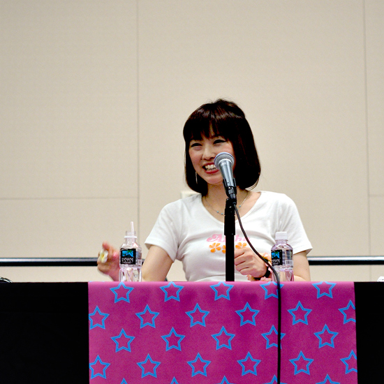 Shimoda reacts to an audience member